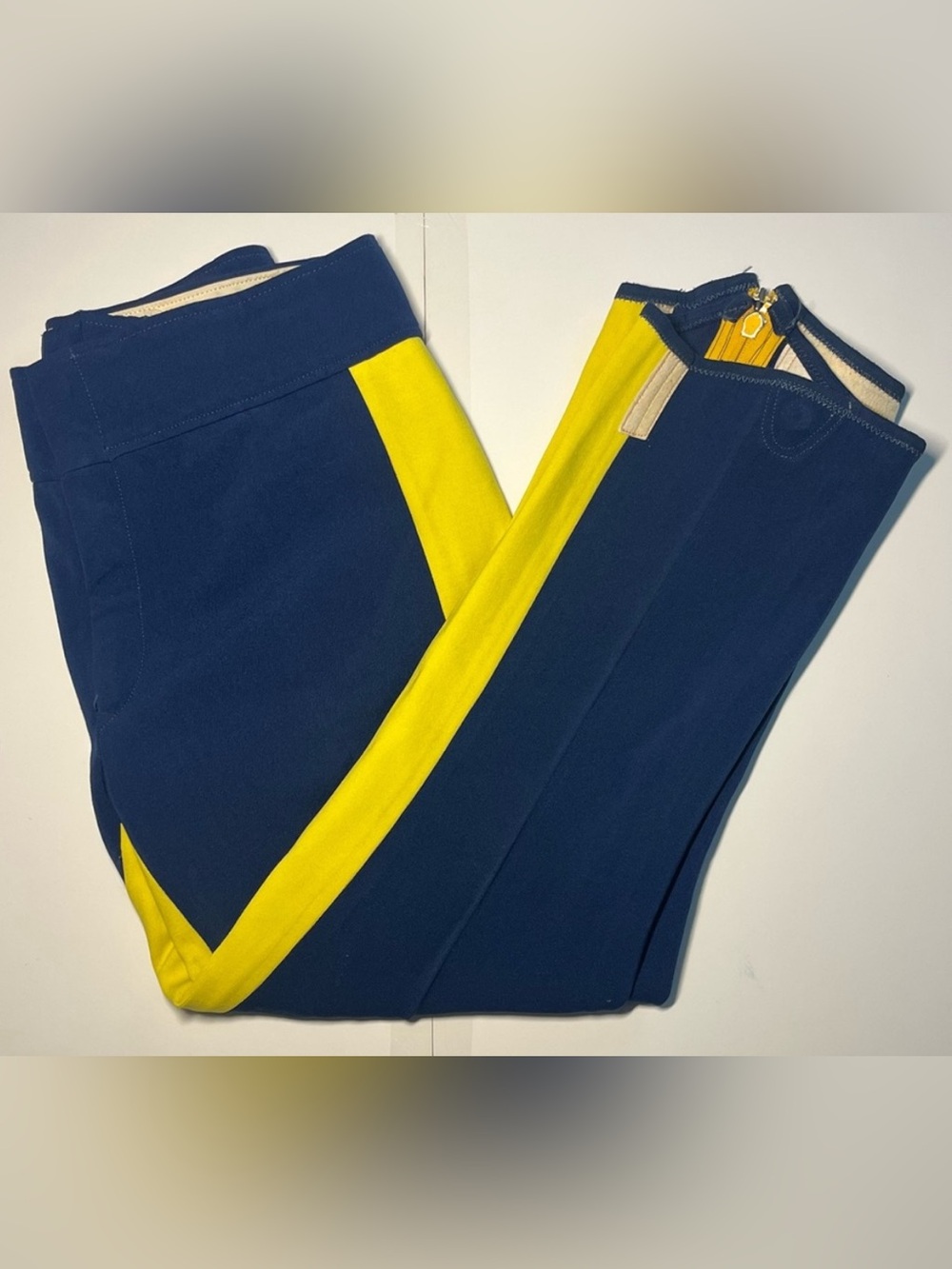 Vtg Obermeyer Small Men’s Ski Snow Pants Blue Yellow Boot Clip Hook Zipper 1970s